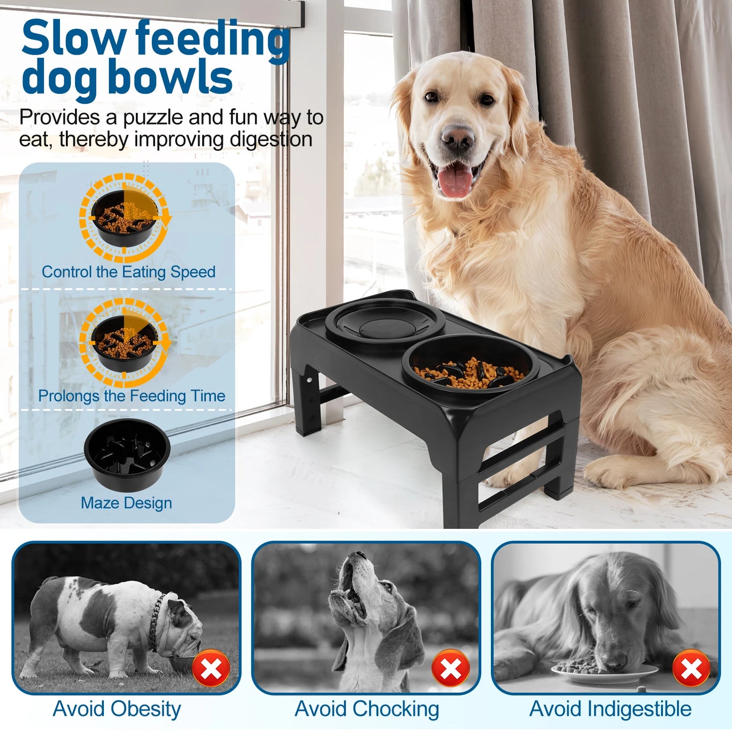 Elevated Dog Bowls, 2-in-1 Raised Slow Feeder Dog Bowls